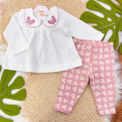 Conj. Batinha com Gola de Borboletas e Calça Legging Corações- Off White e Rose